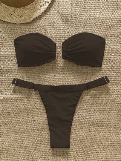 Swim Chiccia Spring Break Women's Solid Color Strapless Metal Decor Top And Thong Bikini Bottoms 2pcs Set, Minimalist Summer Beach Outfit