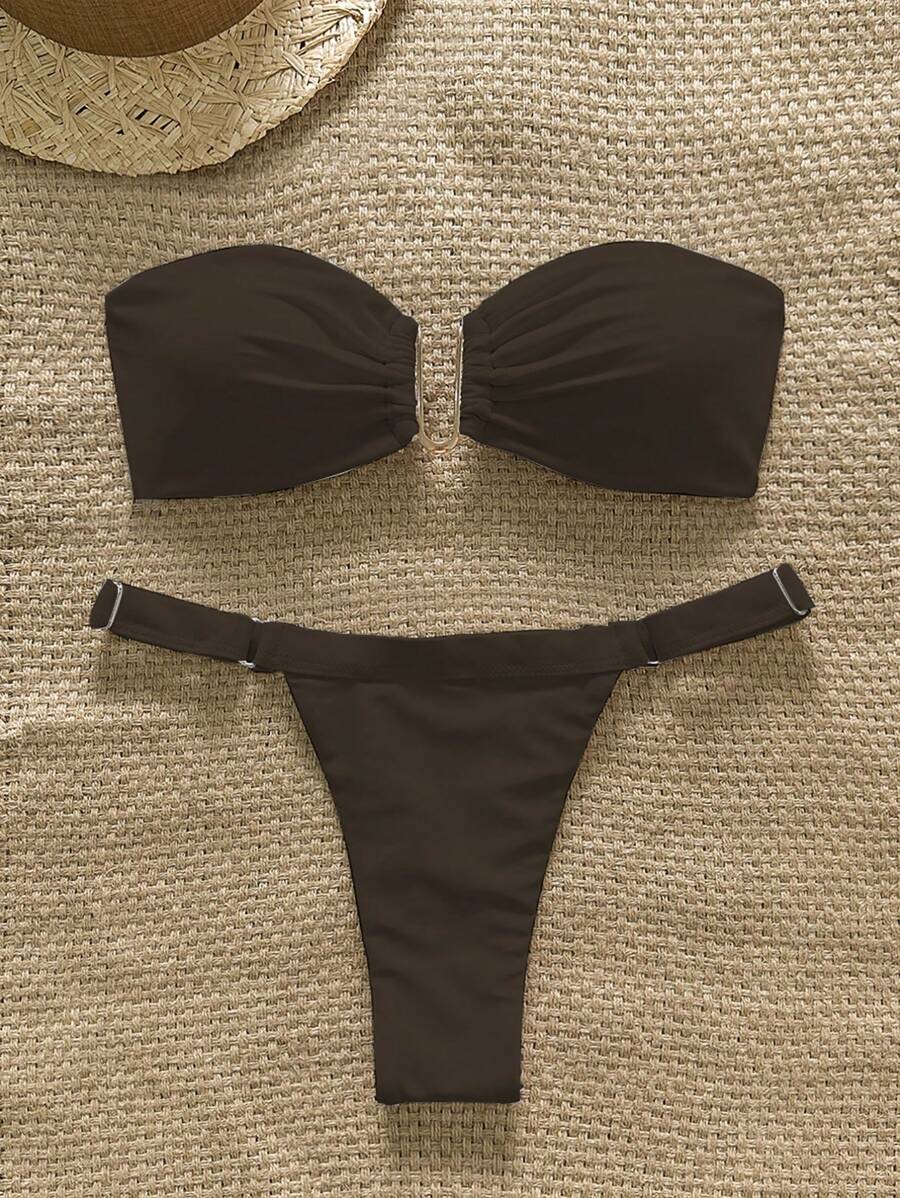 Swim Chiccia Bộ đồ bơi bikini 2 mảnh không dây màu trơn trang trí kim loại cho nữ mùa xuân, trang phục đi biển mùa hè tối giản - màu nâu - Xem 1