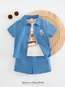 Cozy Pixies Set de 3 piezas: Camisa suave de punto con gráfico de letras para niño bebé, camiseta de punto tipo jersey y pantalones cortos con cintura elástica - Multicolor - Ver 1