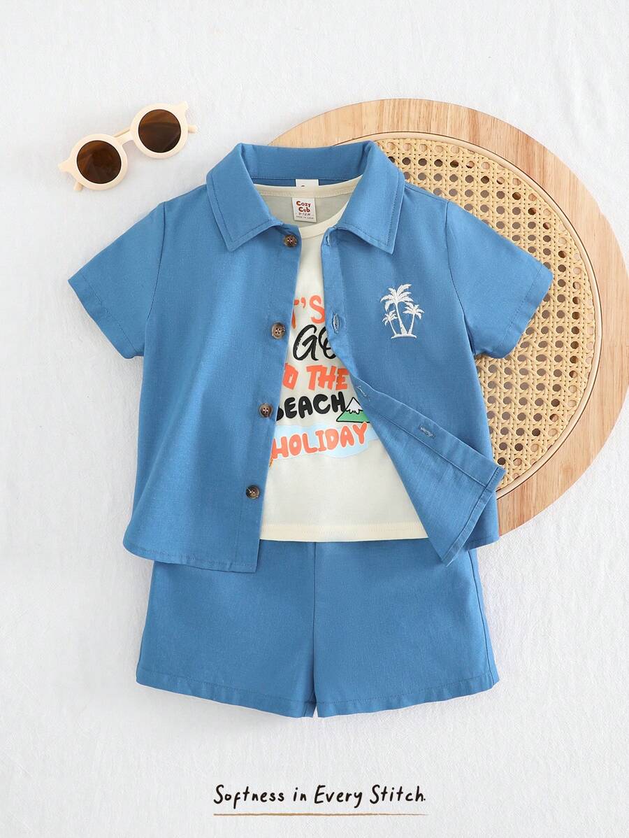 Cozy Pixies Set de 3 piezas: Camisa suave de punto con gráfico de letras para niño bebé, camiseta de punto tipo jersey y pantalones cortos con cintura elástica - Multicolor - Ver 1