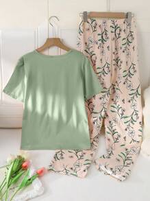 Conjunto de pijama para primavera de 2 piezas para niña preadolescente: top de manga corta de cuello redondo de color verde sólido y pantalones casuales sueltos de punto rosa
