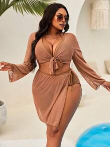 SHEIN Swim Curve 4pcs Plus Size Women Multi-Way Convertible Triangle Cup Slimming Bikini Set For Summer Beach Vacation - Coffee Brown - View 4