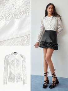 MOTF STUDIO CONTRAST LACE BUTTON UP SHIRT - White - View 8