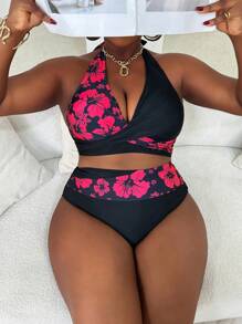 Slaydiva Conjunto de bikini de 2 piezas con parte superior estampada con flores en contraste y Bottom sólida para mujer de talla grande, conjunto de playa y vacaciones de verano - Negro - Ver 4