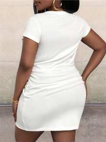 Slaydiva 2025 Summer&Beach New Plus Size Women V-Neck Slim Fit Ribbed Knit T-Shirt, Basic For Commute, Casual, And Year-Round Wear, White,Graduation Dress - White - View 3