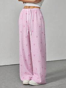 SHEIN PETITE Pantalones elegantes de talle bajo, cómodos y sensuales, con estampado versátil de rayas y lazo - Rosa - Ver 3