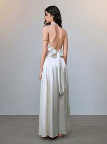 SHEIN LUNE Conjunto de 2 piezas: Top halter de cuello de satén y pantalones acampanados de cintura alta con drapeado