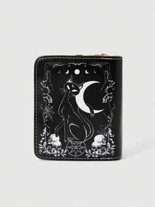 ROMWE Grunge Punk Gothic Creativity Moon & Black Cat Multi-Function Zipper Card Holder With Bifold Wallet - Black - View 5