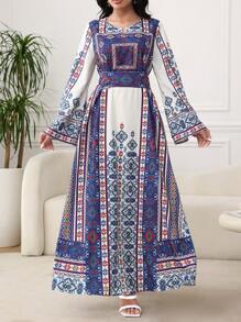 Al Najma U领复古印花喇叭袖摆裙，阿拉伯风格，春夏，端庄