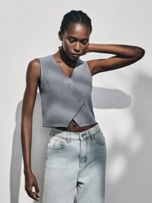 Lumivelle Women's Spring/Summer V-Neck Diagonal Front Button Vest Design Grey Thin Suit Jacket