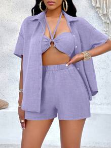VaVaBold Drop Shoulder Shirt & Tie Backless Halter Top & Shorts - Mauve Purple - View 1