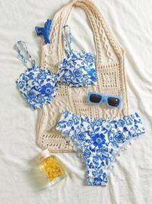 Swim Mod Women's Chinoiserie Floral Ruffle Detail Bandeau Swimwear Set - Multicolor - View 1