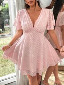 Flirla Plus Size Women's Vacation & Elegant White Ruffle Sleeve V-Neck Dress - Pink - View 5
