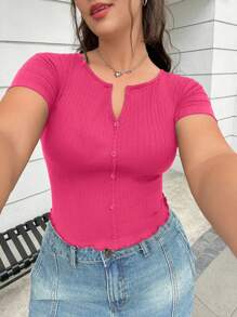 SHEIN EZwear 大码女式 V 领纯色短袖 T 恤 - 玫紅色 - 查看 1