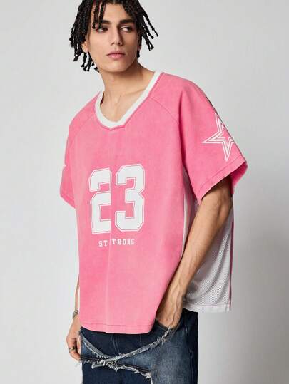 Prep ملابس علوية للرجال ياقة على شكل V، أكمام ريجلان قصير، مطبوع برقم، من قماش الدنيم، بطراز كرة القدم