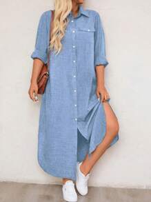 EMERY ROSE 大码纯色前排扣宽松休闲连衣裙长款女装