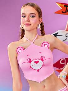 SHEIN X Care Bears Crop top rosa lindo con diseño de osos alegres y emojis, con parches de orejas 3D, de alta elasticidad, para conciertos, primavera y verano