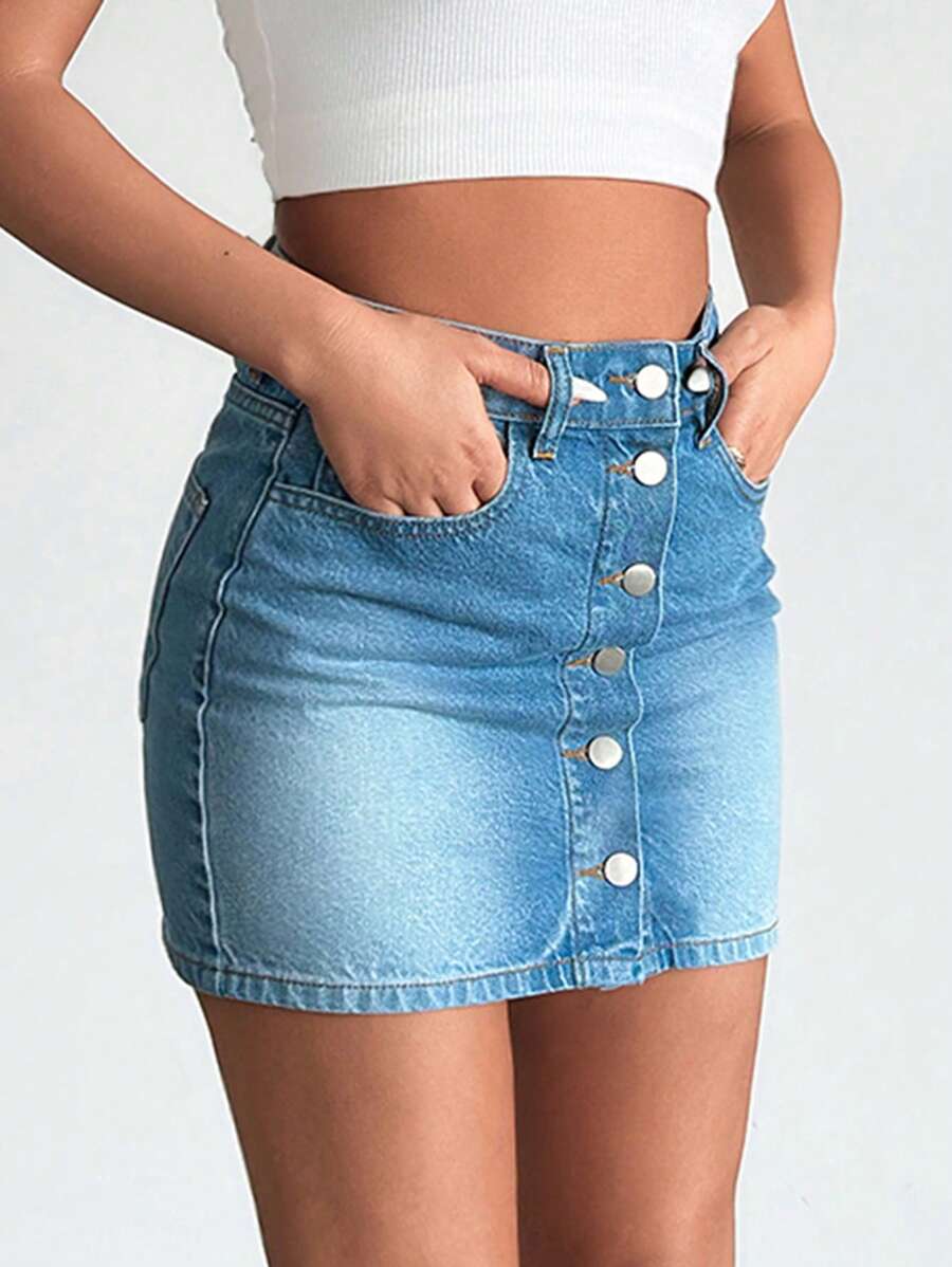 EURMUSE WOMEN LOW WAIST MINI SKIRT BUTTON ON FRONT BLUE WASH - Medium Wash - View 1