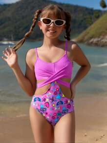 1 件 Tween 女童印花连体泳衣，3D 艺术效果，可爱心形图案，沙滩泳装，女童春夏泳衣 - 玫紅色 - 查看 1