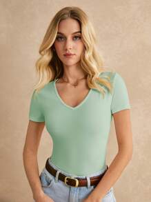 Poéselle 女士纯色 V 领短袖 T 恤，简约时尚，适合夏季 - 薄荷綠 - 查看 3