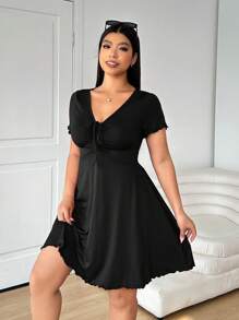 SHEIN CURVE+ Đầm midi cổ chữ V màu đen xoắn phía trước dành cho nữ cỡ lớn, váy maxi chống nắng cho nữ, đầm giả tốt nghiệp cho nữ. - màu đen - Xem 6