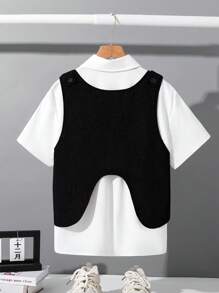 1-For-1 Tween Boy Casual Collared Shirt + Pony Vest Set, Suitable For Autumn, Spring, Summer, Outdoor Play, School, Street Style, Parties And Casual Home Wear