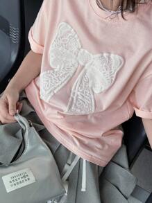 DAZY Tween Girl Round Neck Knit Short Sleeve Butterfly Print T-Shirt, Spring/Summer, Back To School Clothes - Pink - View 5
