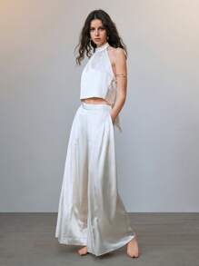 SHEIN LUNE Conjunto de 2 piezas: Top halter de cuello de satén y pantalones acampanados de cintura alta con drapeado