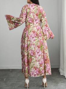 Modelyn Plus Size Woven Floral Print Long Sleeve Tie Waist Ruffle Hem Dress