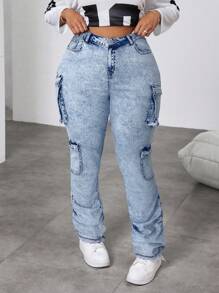 SHEIN EZwear Jeans cargo slim casual évasé bleu grande taille