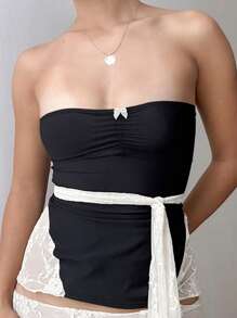 INAWLY Damen Crop Top mit Schmetterlings-Dekor und Falten, modisch - Schwarz - Übersicht 4