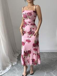 Chiquease Women's Spring And Summer Floral Print Suspender Slim Fit Mesh Bouquet Pattern A-Line Ladies Spaghetti Strap Midi Dress - Multicolor - View 3