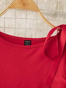SHEIN Clasi 女士纯色圆领盖袖休闲领带 T 恤 - 紅色 - 查看 4