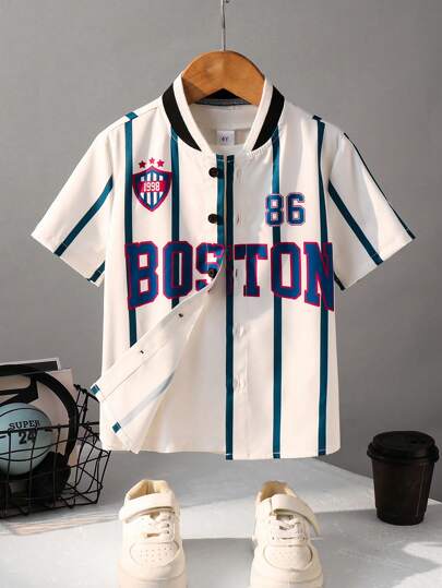 儿童夏季舒适运动风格棒球领短袖衬衫，适合小男孩