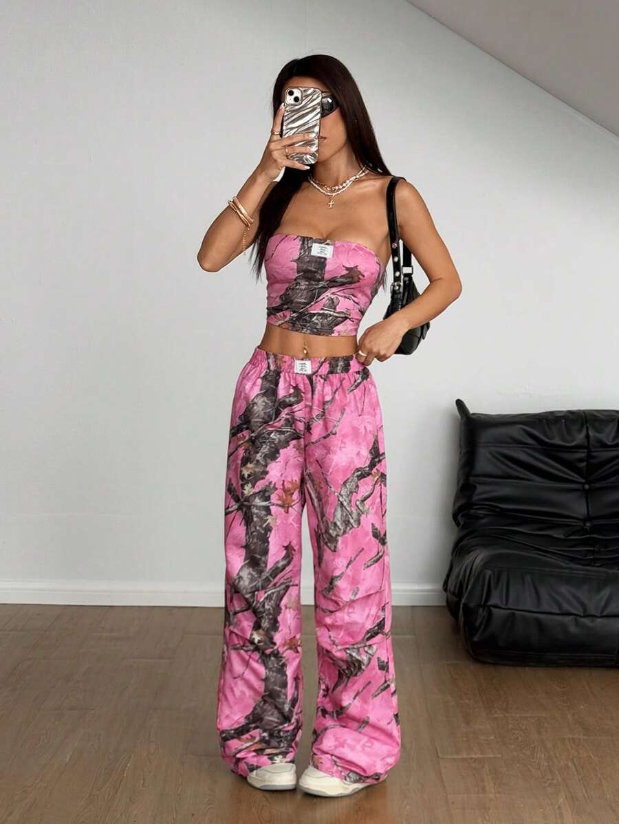 StreetHx 2 件套复古树叶印花抹胸上衣和休闲长裤套装，女士，秋季 - 粉色 - 查看 1