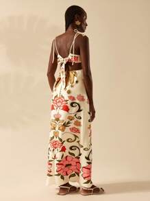 CAJUNI Vestido Longo Cropped Casual com Amarração na Frente, Estampa Tropical Colorida de Coqueiros e Flores, Sem Mangas, Vestido de Praia para Férias