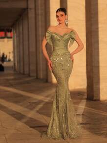 Glamrae Elegante y lujoso vestido de cola de sirena con pliegues de satén, parches, cuentas y lentejuelas, con cola. Adecuado para bodas, fiestas, eventos, cruceros y ocasiones formales (peso pesado)