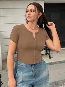 SHEIN EZwear Camiseta de mujer talla grande con cuello en V, lisa, de manga corta y diseño con botones