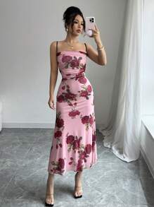 Chiquease Women's Spring And Summer Floral Print Suspender Slim Fit Mesh Bouquet Pattern A-Line Ladies Spaghetti Strap Midi Dress - Multicolor - View 5