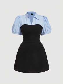 SHEIN MOD Plus Size Blue & White Striped Patchwork Black Elegant Commuter 2 In 1 Blazer Dress.Modest Dresses For Women,Graduation Dress,Birthday Dresses For Women,Corset Dress For Women - Multicolor - View 1