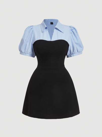 SHEIN MOD Plus Size Blue & White Striped Patchwork Black Elegant Commuter 2 In 1 Blazer Dress.Modest Dresses For Women,Graduation Dress,Birthday Dresses For Women,Corset Dress For Women