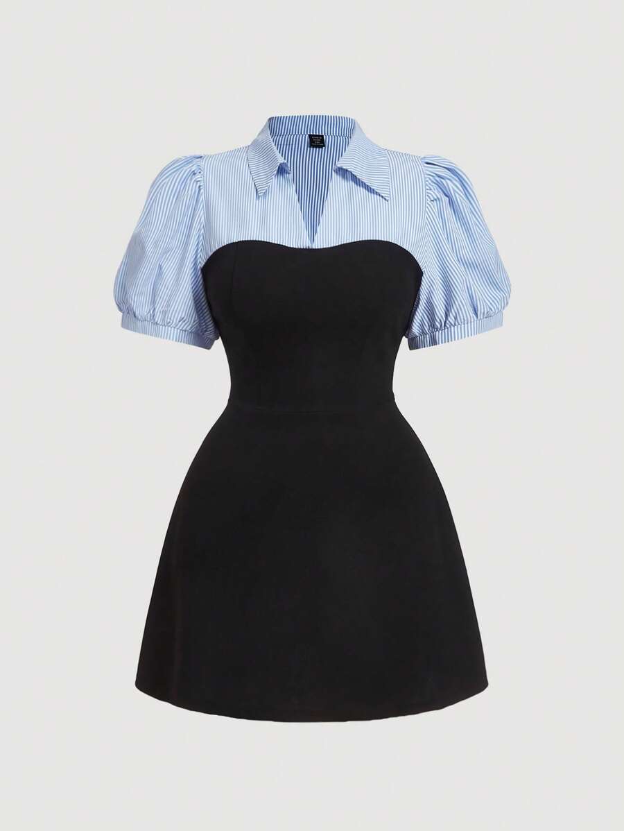 SHEIN MOD Plus Size Blue & White Striped Patchwork Black Elegant Commuter 2 In 1 Blazer Dress.Modest Dresses For Women,Graduation Dress,Birthday Dresses For Women,Corset Dress For Women - Multicolor - View 1