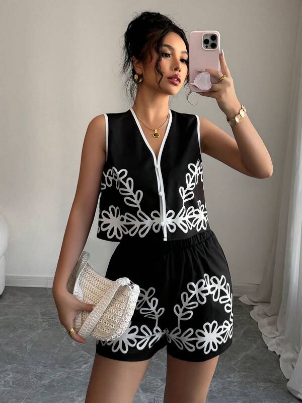 Selianne Set de 2 piezas de top de tirantes y shorts casuales de verano con estampado a contraste de color