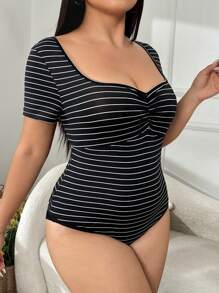 CovetEZ Plus Size Black Textured Bodysuit, Simple Striped Stylish Bodysuit For Summer - Black - View 4