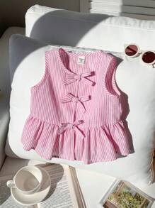 LMoss Kids Blusa sin mangas con lazo a rayas rosas, versátil y linda para niña en verano