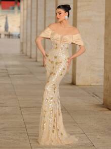 Glamrae Luxurious Off Shoulder Ruched Satin Long Dress With Beads & Sequin Embellishment, Mermaid Silhouette With Train, Suitable For Wedding, Party, Club, Vacation, Formal Occasions, Wedding Guest Dress, Evening Dress - Burnt Orange - View 7