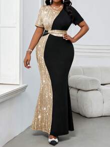 Fleurora 大码夏秋冬优雅派对婚礼酒会演唱会/音乐节彩色针织圆领美人鱼长袖连衣裙，情人节度假新年派对服装