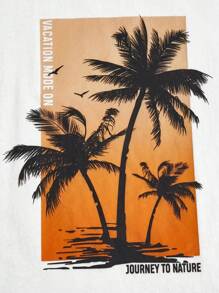 Manfinity RSRT Zestaw męski w kolorze palmy z nadrukiem w blokach kolorów, plażowy kurort, swobodny, plus size, biały T-shirt z krótkim rękawem i pomarańczowe szorty, wakacyjny