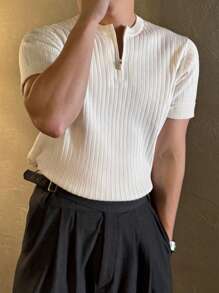 DAZY 男士纯色拉链高领短袖针织上衣，夏季四分之一拉链款 - 白色 - 查看 5