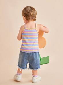 SHEIN 2pcs/Set Baby Girls Peter Pan Collar Rainbow Ribbed Tee + Elastic Waist Denim Ripped Shorts Set, Adorable Casual Outfit For Summer - Multicolor - View 2